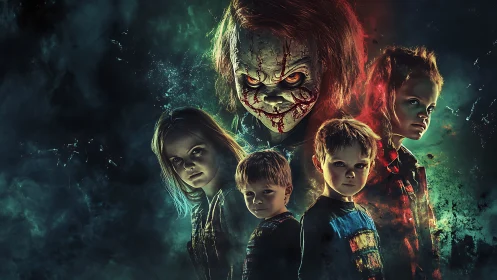 Haunted children stand defiant beneath a grinning nightmare.