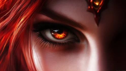 Fiery red eye dominates close-up fantasy character portrait