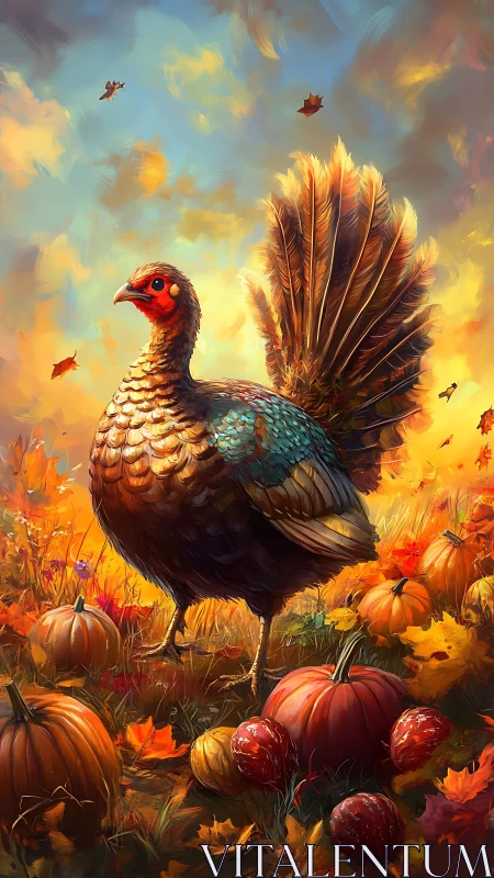 Regal autumn turkey struts through blazing harvest glow.