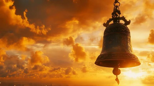 Large bronze bell hangs against dense orange sunset clouds