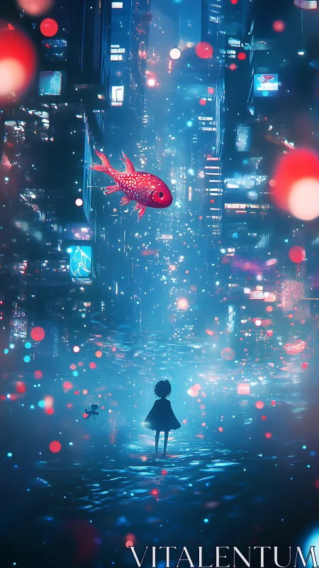 Child and glowing fish wandering a dreamy neon city night.