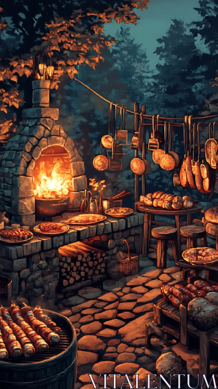 Rustic forest bakery terrace glows around stone woodfire oven