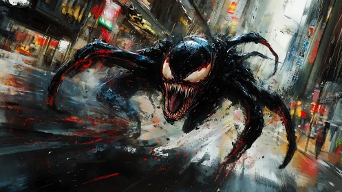 Black monster charges through neon city street in motion