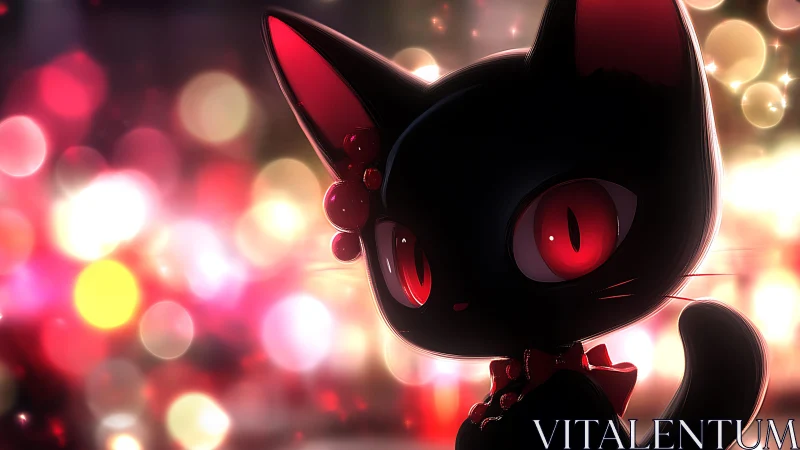 Midnight black cat with glowing red eyes in neon bokeh