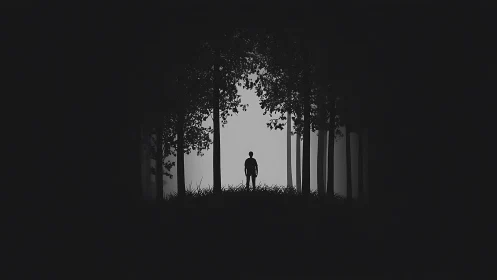 A Solitary Figure Finds Light Through the Forest Canopy