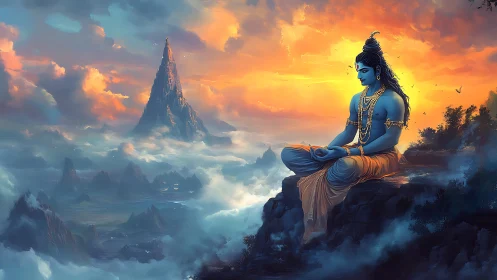 Meditative blue deity above stratified cloud valleys at sunrise.