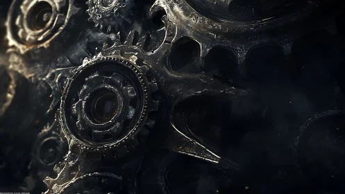 Close-up of interlocking dark metal gears in motion