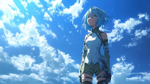Blue haired anime character standing under bright sky.