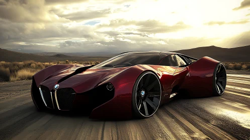 Aerodynamic BMW concept hypercar with sculpted red bodywork under desert light