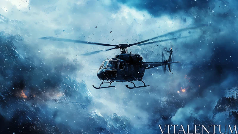 Military helicopter cuts through blizzard above burning ridge