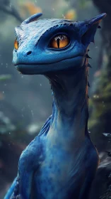 Blue forest hatchling gazes through rainlit golden eyes.