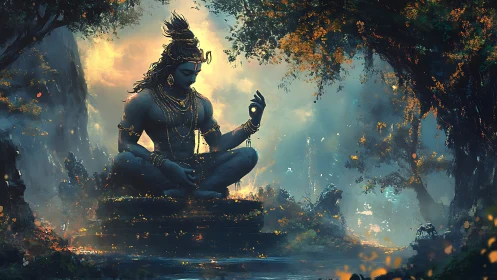 Meditating blue deity statue in glowing forest clearing.