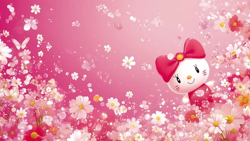 Cute bowed cartoon cat peeks through sparkling pink flowers