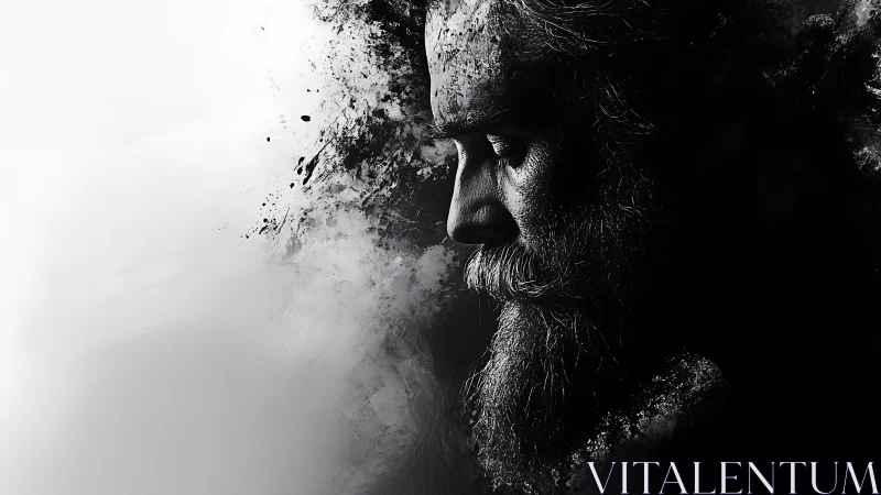 Weathered profile dissolving into abstract darkness.