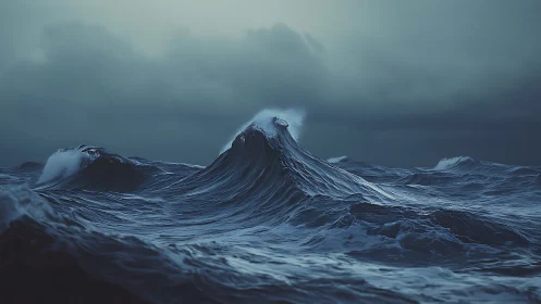 Stormy ocean wave crest rises sharply under overcast sky