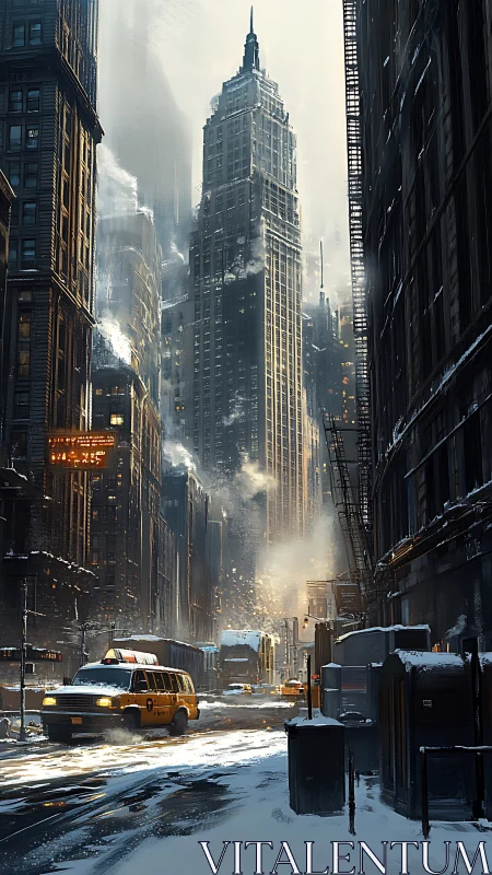 Winter urban canyon with taxis below illuminated neo-gothic tower