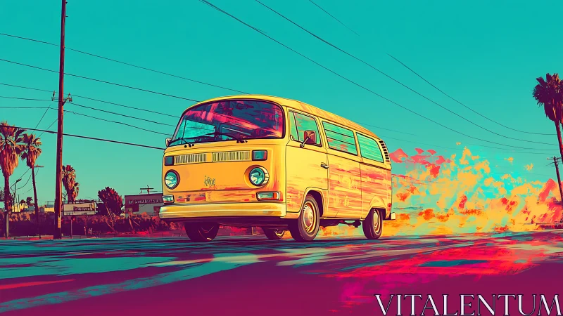 Retro van accelerates through neon-graded urban boulevard haze
