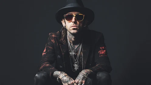 Tattooed man in dark clothing with hat and sunglasses posed.