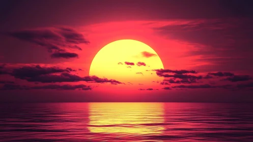 Vivid stylized sunset over calm reflective ocean horizon.