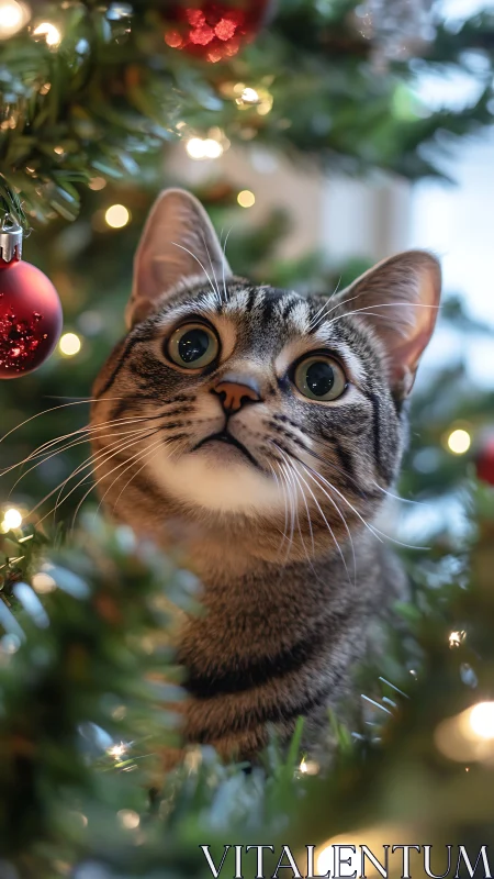 Feline ocular focus amid specular holiday bokeh field.