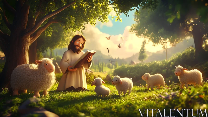 Gentle shepherd reads to lambs in a glowing forest meadow