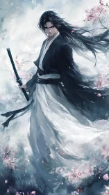 Storm-veiled swordsman drifting through painted cherry snow.