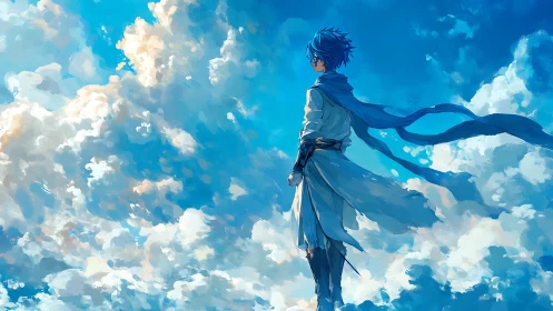 Skyward dreamer gazes into glowing clouds and open blue
