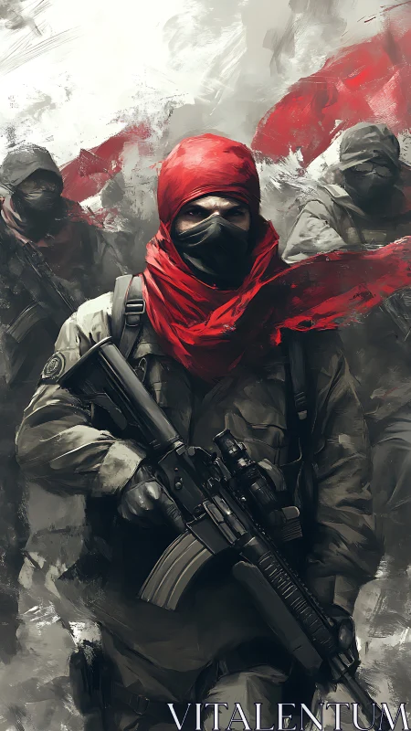 Masked militant leader in red scarf amid smoky advance.