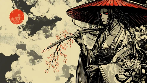 Red-eyed ronin under vermilion sun with ink-wash clouds.