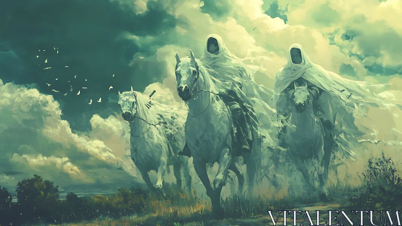 Veiled riders storm across a haunted emerald heavenscape.