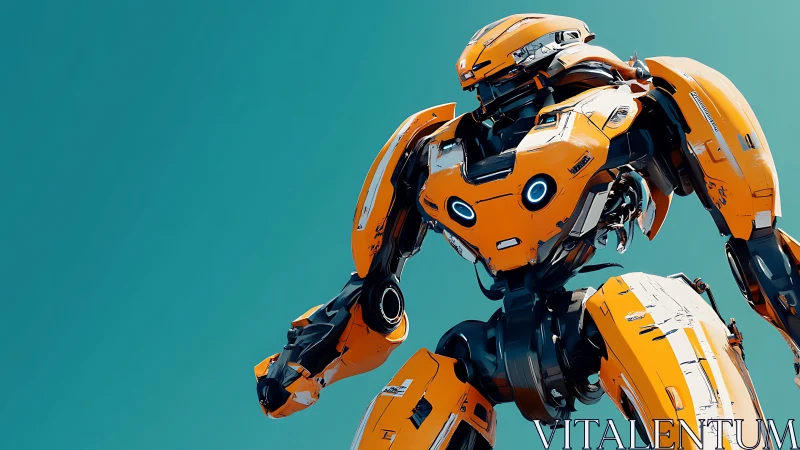 Orange armored humanoid robot against teal sky background.