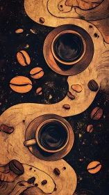 Coffee cups and beans in stylized yin yang layout.
