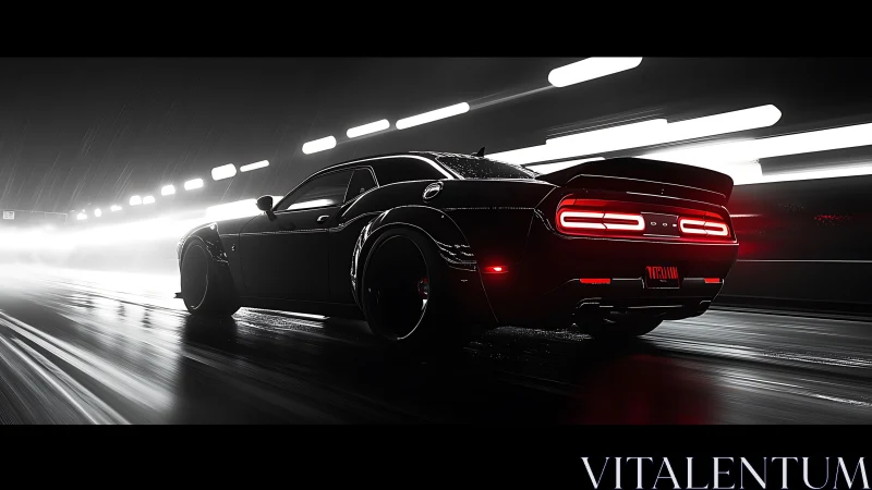 Midnight muscle car accelerates through neon tunnel rain.