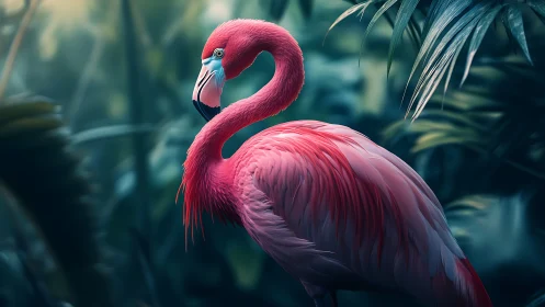 Vibrant pink flamingo stands poised amid misty jungle light