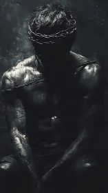 Shackled figure in chiaroscuro shadows, bound and obscured.