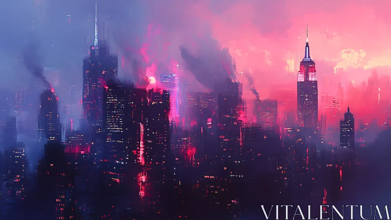 Neon storm over twilight skyscrapers ignites the city skyline.