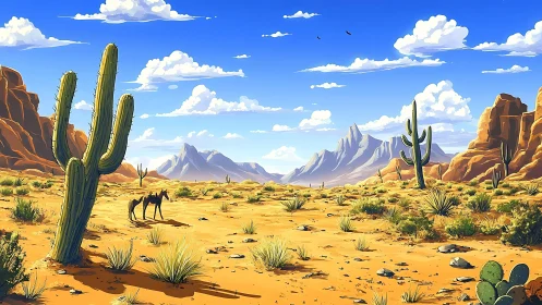 Sunlit desert horses wandering between tall, quiet cactus.