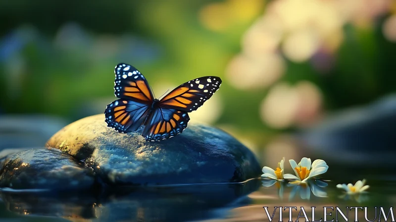 Monarch butterfly on wet stone in dreamy garden setting, soft focus.