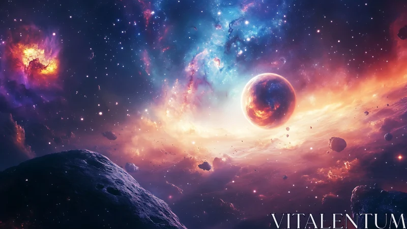 Planet in nebula-filled space with asteroids in foreground