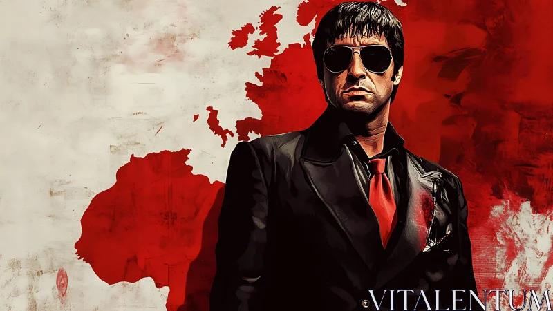 Bold suited figure framed by dramatic red backdrop.