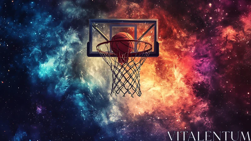 Cosmic basketball hoop with nebular background illumination.