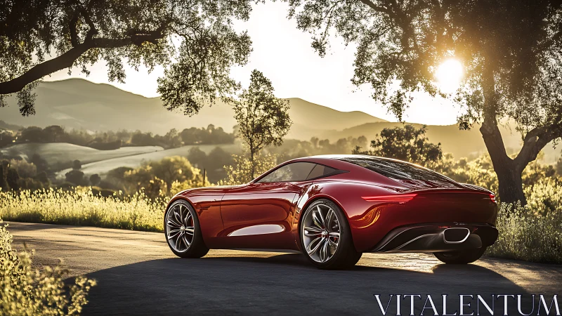 Sunlit red concept coupe on winding rural asphalt road.