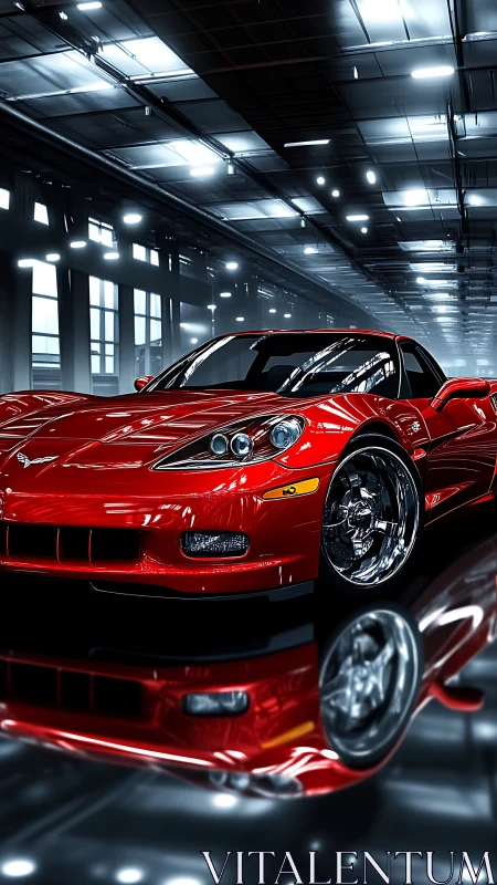 Crimson speed demon idling under chrome-tinted warehouse lights.