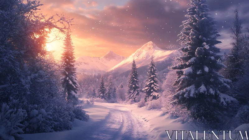 Snow-laden conifer forest trail at sunset beneath alpine peaks