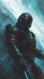 Lone space explorer drifting through a glowing cosmic storm.