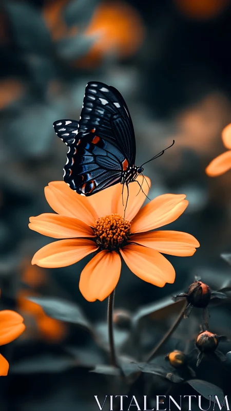 Butterfly rests on glowing orange flower in dreamy bokeh garden