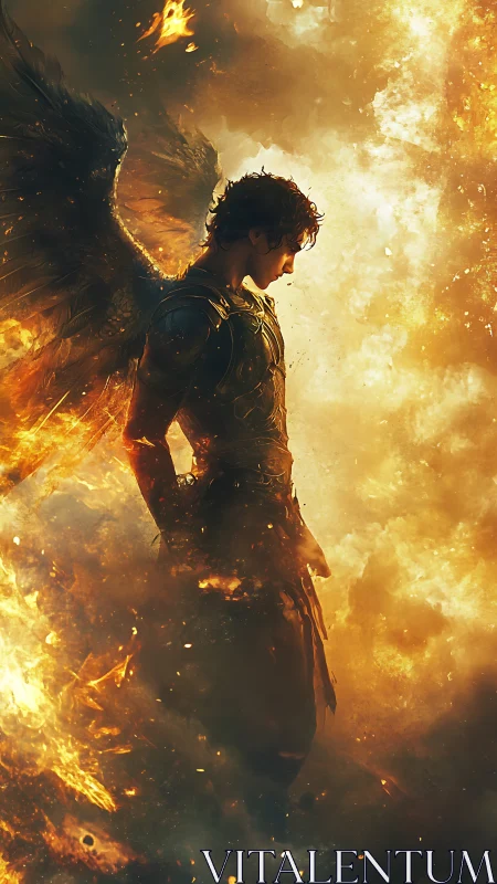 Winged warrior resting in the hush between embers and sky.