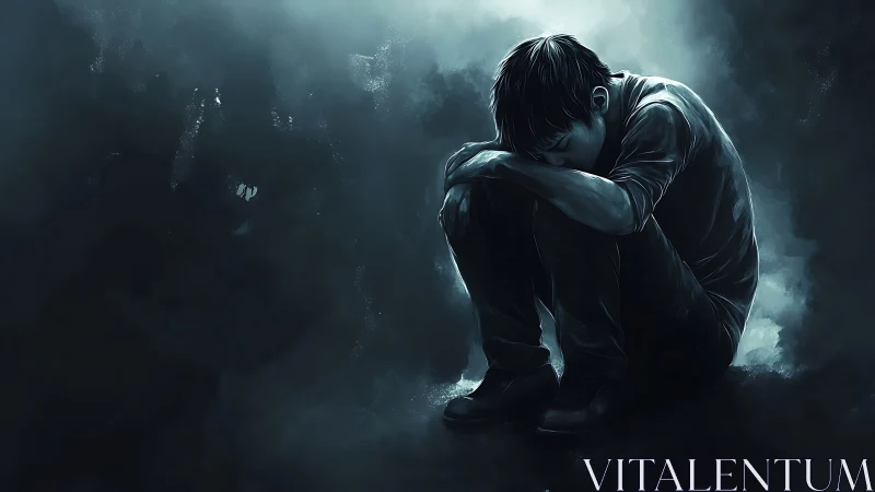 Digital painting portrays lonely boy curled in blue shadows.