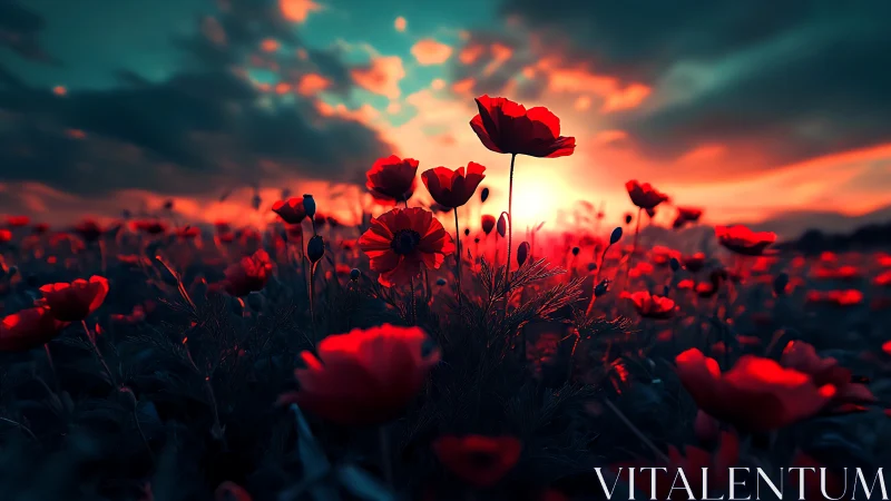 Vibrant Red Poppies Dancing in Golden Sunset Light.