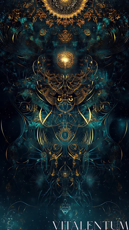 Celestial arabesque altar of teal nebulae and molten gold.